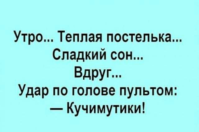 Утро... Теплая постелька... Сладкий сон... Вдруг... Удар по голове пультом: Кучимутики! 