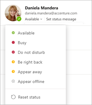 Status options, including: Available, Busy, Do not disturb, Be right back, Appear away
